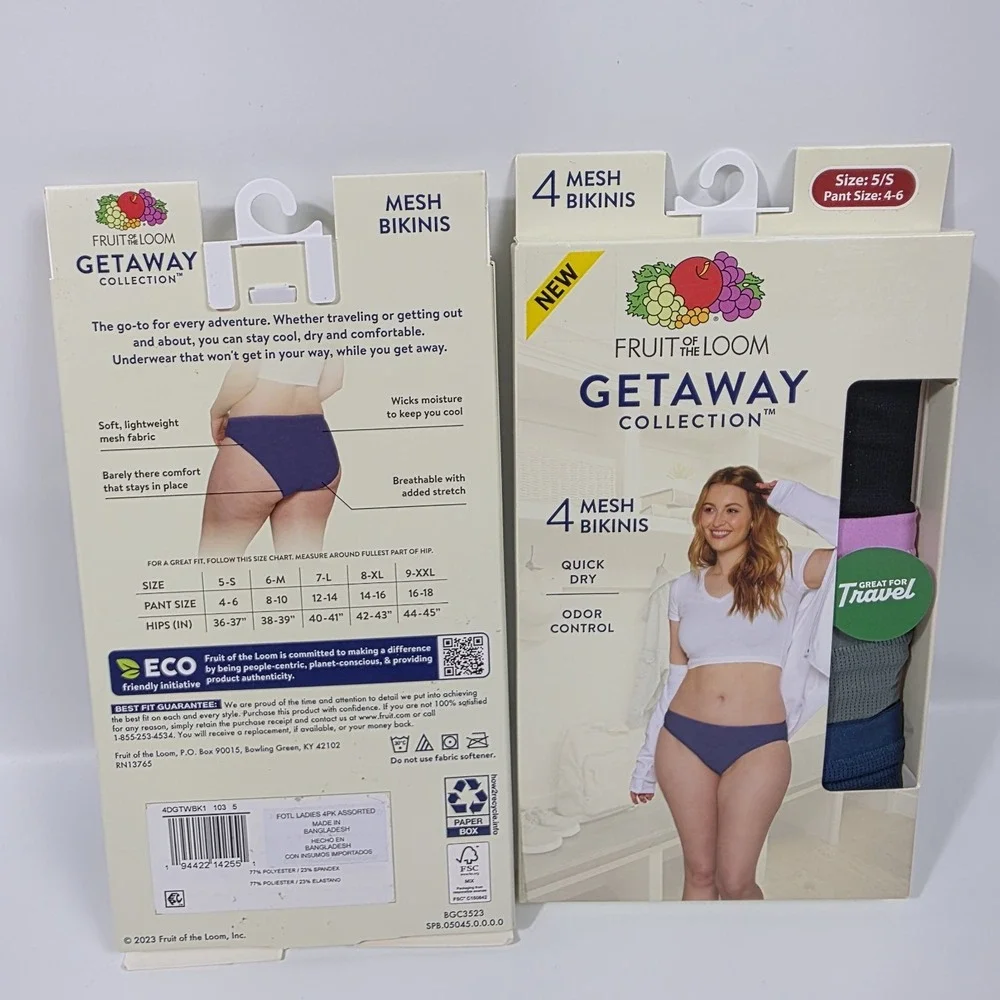NIB (Lot of 2) Womens Fruit Of The Loom Multicolored Bikini Panties Size 5 Small